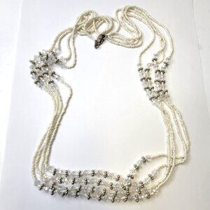 Multistrand Silver Tone and White Beads Long Necklace